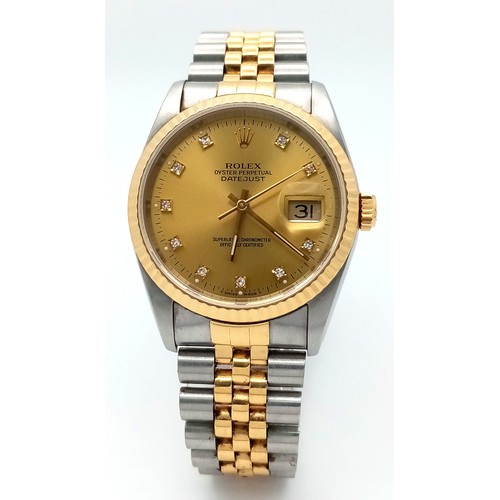 52 - A Classic Rolex Bi-Metal DateJust Diamond Gents Watch. Gold bracelet and case - 36mm. Model No: 1623... 