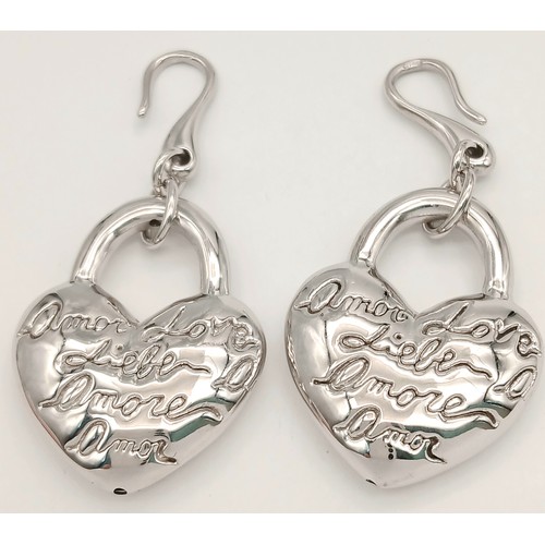 1073 - A STERLING SILVER HEART DROP EARRINGS ENGRAVED WITH THE WORD LOVE IN MANY LANGUAGES 14.8G. Ref: H 50... 