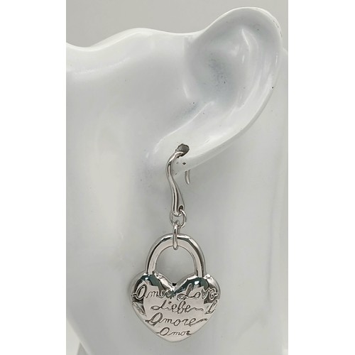 1073 - A STERLING SILVER HEART DROP EARRINGS ENGRAVED WITH THE WORD LOVE IN MANY LANGUAGES 14.8G. Ref: H 50... 