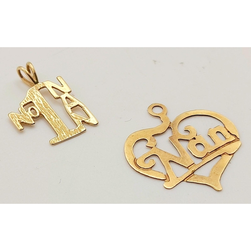 1646 - Two 9K Yellow Gold Nan Pendants. 0.8g total weight.