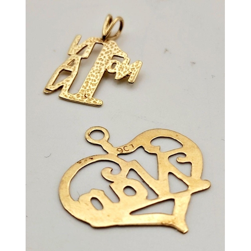 1646 - Two 9K Yellow Gold Nan Pendants. 0.8g total weight.