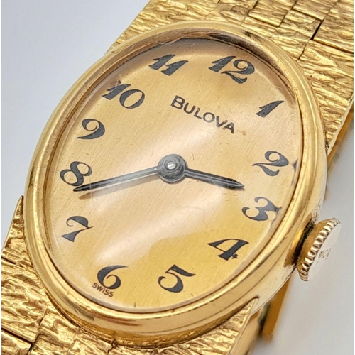 772 - A Vintage Gold Plated Bulova Ladies Watch. Gold plated bracelet and case - 19g. Mechanical, hand-win... 