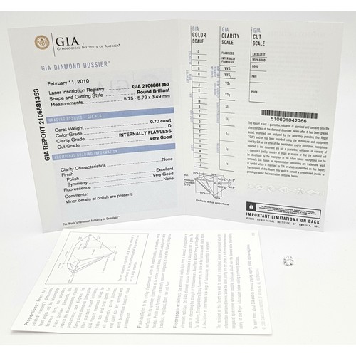 12 - A 0.70CT GIA CERTIFIED NATURAL ROUND BRILLIANT CUT DIAMOND, COLOUR  D INTERNALLY FLAWLESS VG EX VG N... 