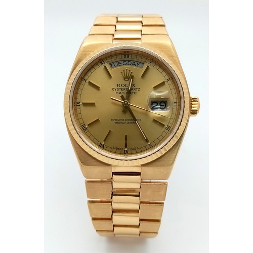 3 - An 18K Gold Rolex Oyster Quartz Day/Date Gents Watch. Model 19018 - Early 80s. Gold Bracelet and cas... 