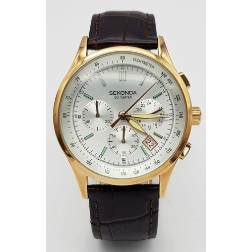 1102 - A Men’s Gold Tone Sekonda Chronograph Date Watch-42mm Case, Complete with Box and Papers.