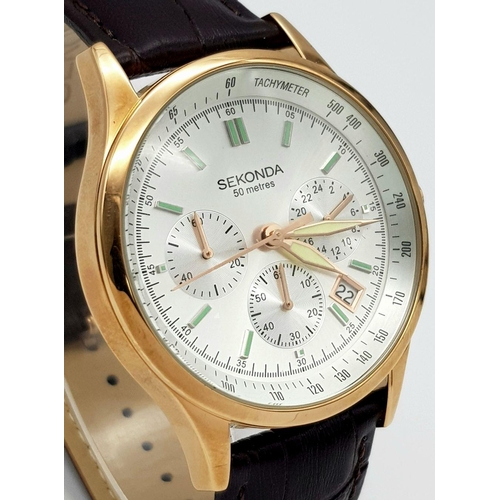 1102 - A Men’s Gold Tone Sekonda Chronograph Date Watch-42mm Case, Complete with Box and Papers.