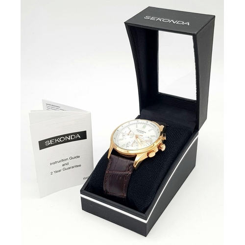 1102 - A Men’s Gold Tone Sekonda Chronograph Date Watch-42mm Case, Complete with Box and Papers.