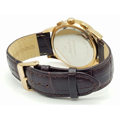 1102 - A Men’s Gold Tone Sekonda Chronograph Date Watch-42mm Case, Complete with Box and Papers.