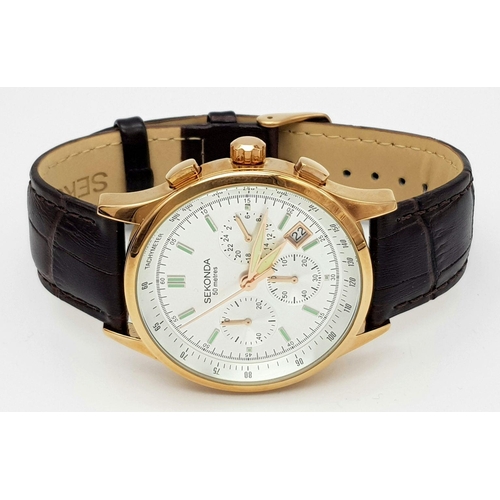 1102 - A Men’s Gold Tone Sekonda Chronograph Date Watch-42mm Case, Complete with Box and Papers.