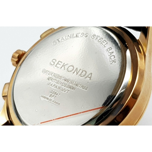 1102 - A Men’s Gold Tone Sekonda Chronograph Date Watch-42mm Case, Complete with Box and Papers.