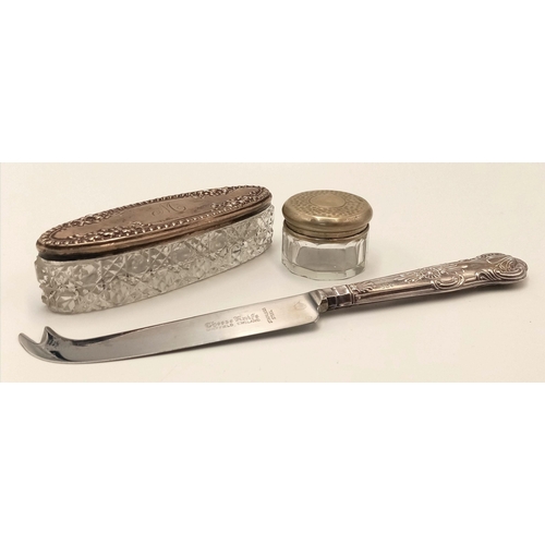 1299 - An Eclectic Silver Mix - Silver handle butter knife, an antique glass circular pill pot (3.5cm diame... 