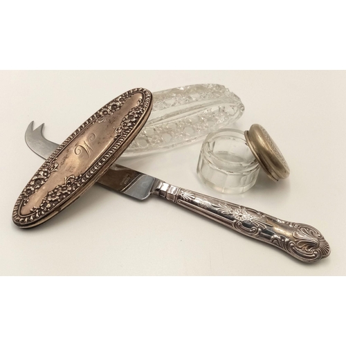 1299 - An Eclectic Silver Mix - Silver handle butter knife, an antique glass circular pill pot (3.5cm diame... 