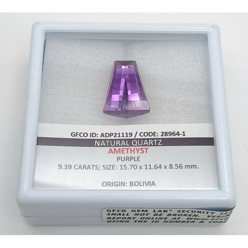 599 - A 9.39ct Bolivian Amethyst Gemstone - Tapered Baguette Shape. GFCO Certified Sealed in Box. Ref: ZK ... 