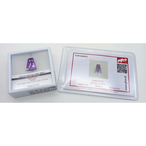 599 - A 9.39ct Bolivian Amethyst Gemstone - Tapered Baguette Shape. GFCO Certified Sealed in Box. Ref: ZK ... 