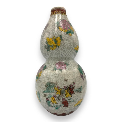 1565 - A early 20th century antique Chinese Ceramic Gourd Vase. Hand-painted crackle glaze  with colorful f... 