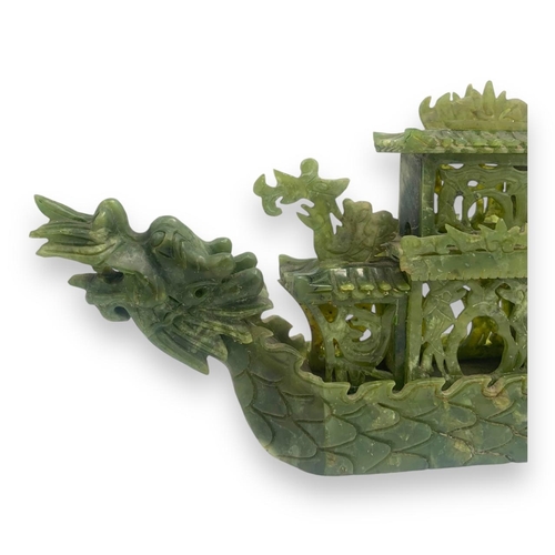 1635 - A rare Antique Chinese Sebastian Jade Dragon Boat on handmade Wooden Base. 
Hand carved Green jade w... 