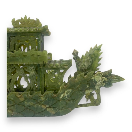 1635 - A rare Antique Chinese Sebastian Jade Dragon Boat on handmade Wooden Base. 
Hand carved Green jade w... 