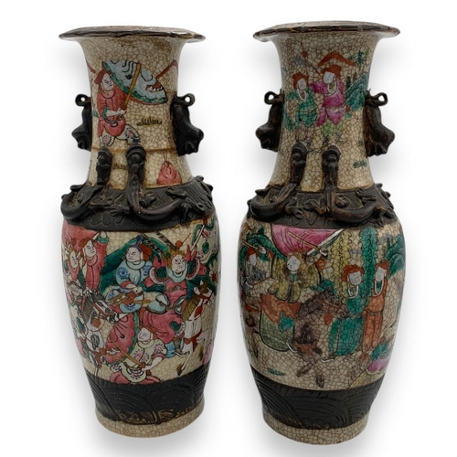 1642 - A rare Pair of Qing Dynasty antique Chinese Famille Rose Crackle-Glazed Porcelain Vases. 
Multicolor... 