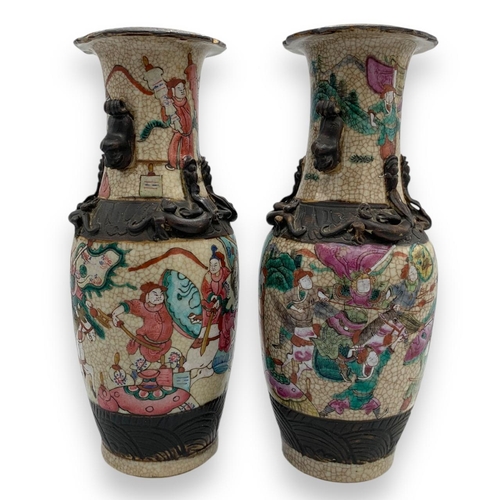 1642 - A rare Pair of Qing Dynasty antique Chinese Famille Rose Crackle-Glazed Porcelain Vases. 
Multicolor... 