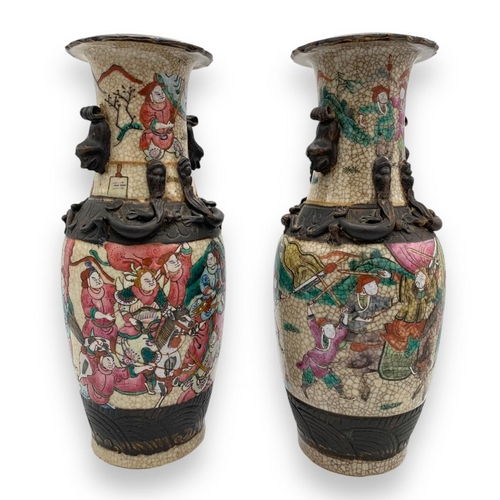 1642 - A rare Pair of Qing Dynasty antique Chinese Famille Rose Crackle-Glazed Porcelain Vases. 
Multicolor... 