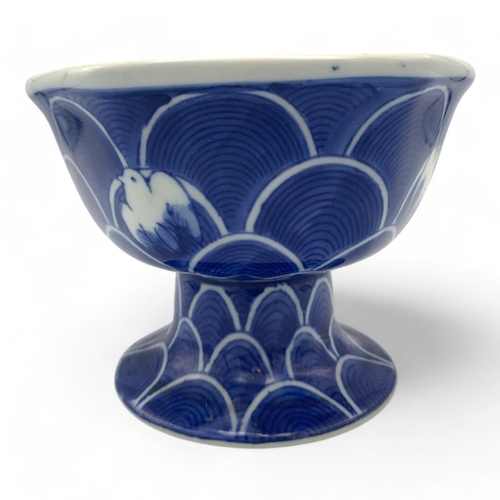 1411 - An antique Japanese Blue and White Porcelain Pedestal Bowl. Hexagonal form with blue wave patterns a... 