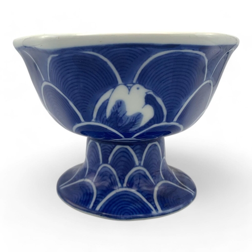 1411 - An antique Japanese Blue and White Porcelain Pedestal Bowl. Hexagonal form with blue wave patterns a... 