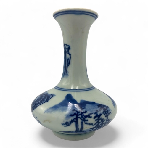 1445 - An antique Miniature Chinese Blue and White Porcelain Vase. Hand-painted scenic landscapes and figur... 