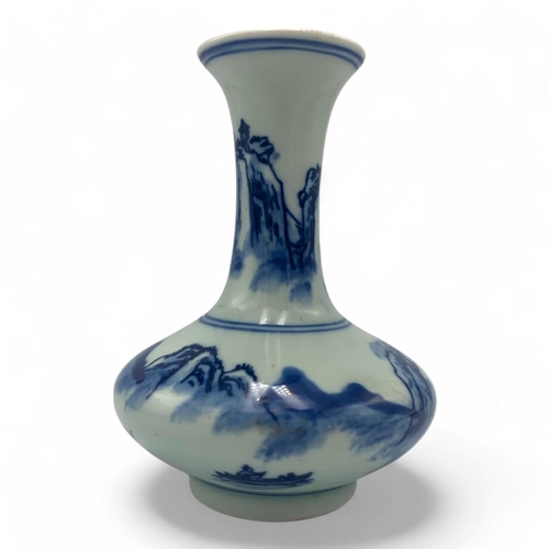 1445 - An antique Miniature Chinese Blue and White Porcelain Vase. Hand-painted scenic landscapes and figur... 