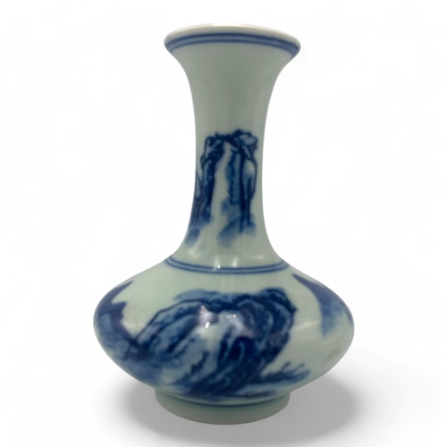 1445 - An antique Miniature Chinese Blue and White Porcelain Vase. Hand-painted scenic landscapes and figur... 