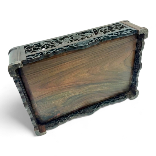 1554 - An antique Chinese solid Rosewood tea Tray. Lovely hand carved sides featuring traditional floral mo... 