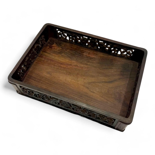 1554 - An antique Chinese solid Rosewood tea Tray. Lovely hand carved sides featuring traditional floral mo... 