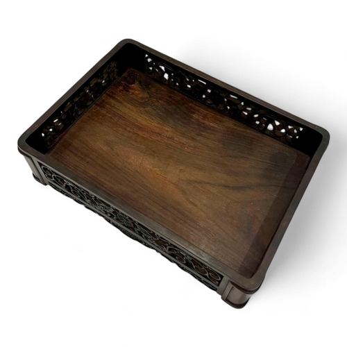 1554 - An antique Chinese solid Rosewood tea Tray. Lovely hand carved sides featuring traditional floral mo... 