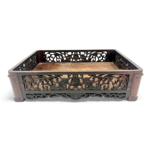 1554 - An antique Chinese solid Rosewood tea Tray. Lovely hand carved sides featuring traditional floral mo... 