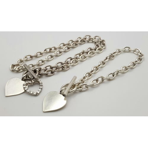 1130 - A Stylish Set of Sterling Silver 925 Matching Necklace and Bracelet, Belcher Chain , T bar and Heart... 