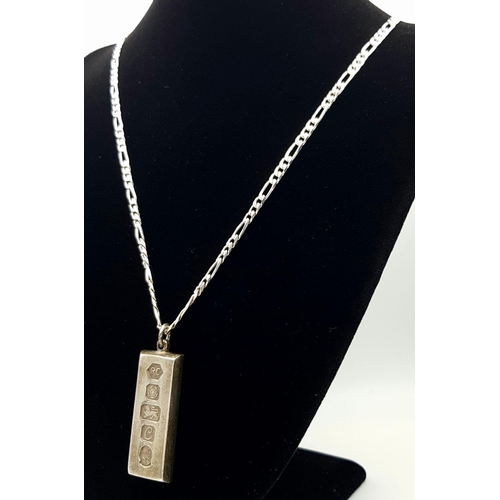 1144 - A Solid Silver 925 Figaro Chain Necklace with an Ingot Pendant, 48.2 grams, 77cm.  In excellent cond... 