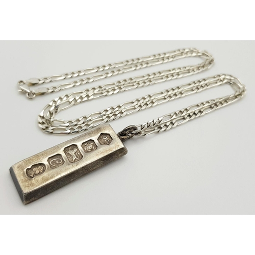 1144 - A Solid Silver 925 Figaro Chain Necklace with an Ingot Pendant, 48.2 grams, 77cm.  In excellent cond... 