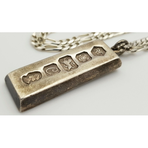 1144 - A Solid Silver 925 Figaro Chain Necklace with an Ingot Pendant, 48.2 grams, 77cm.  In excellent cond... 