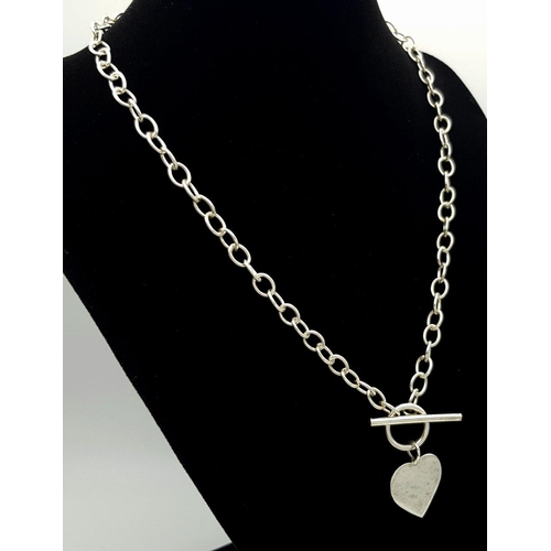 1158 - Two Charming Solid Silver 925 Necklaces, T Bar Heart Tag, Total Weight: 22.3 grams, 43.5cm and 39.5c... 