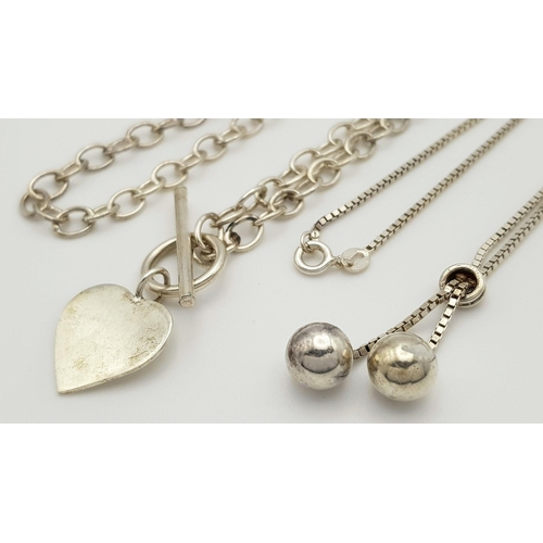 1158 - Two Charming Solid Silver 925 Necklaces, T Bar Heart Tag, Total Weight: 22.3 grams, 43.5cm and 39.5c... 