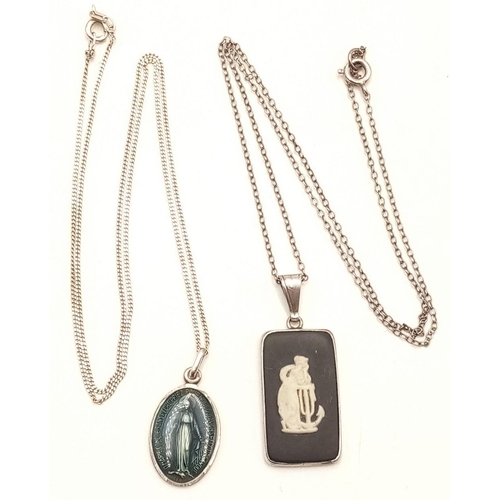 1173 - Two pendant necklaces to include: A silver chain necklace with a Wedgwood pendant (43cm in length, 3... 