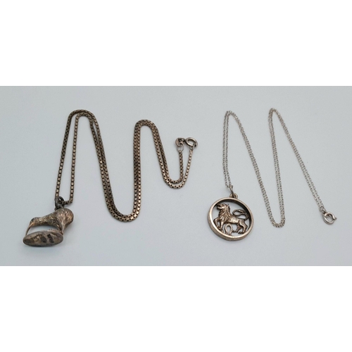 1486 - 2X sterling silver Lion and Kiwi Bird pendants on silver chains. Total weight 12.2G. Total length 47... 