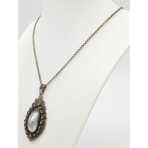 1529 - An 835 Silver Belcher Chain Necklace with a White Metal Filigree Pendant. 5.8cm pendant, 49cm chain.... 