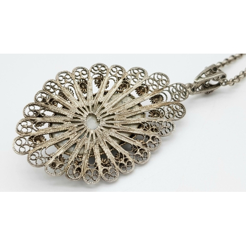 1529 - An 835 Silver Belcher Chain Necklace with a White Metal Filigree Pendant. 5.8cm pendant, 49cm chain.... 