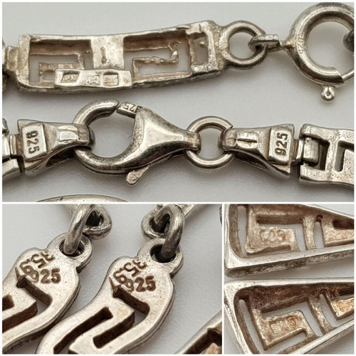 513 - A Beautiful Vintage Set of Sterling Silver Greek Key Jewellery Including A Bracelet, Earrings and Ne... 