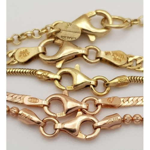 778 - Five Vintage Solid Silver 925 Gold Tone Necklaces, Various Styles and Lengths, Total weight: 26 gram... 