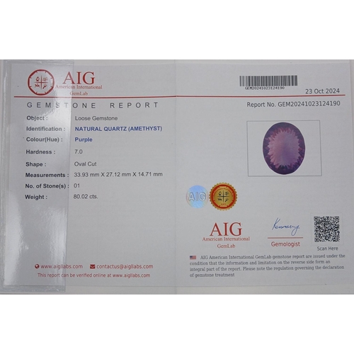 779 - An 80.02ct Amethyst Oval Cut Gemstone. AIG Certified. ZK314