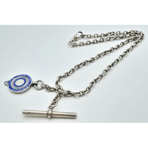 832 - A silver double Albert watch chain with fob and T-bar. 40.5cm in length and 28.6g total weight.