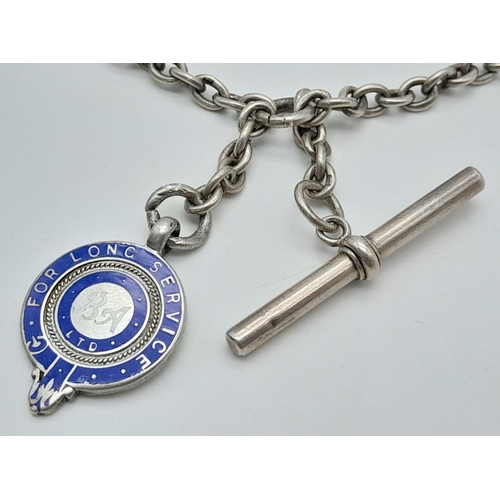 832 - A silver double Albert watch chain with fob and T-bar. 40.5cm in length and 28.6g total weight.