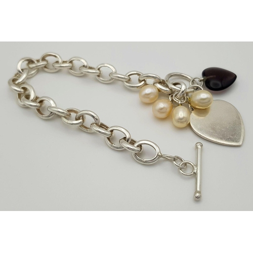 1145 - An attractive Solid Silver 925 Chunky Bracelet, T Bar Heart Tag and Pearls, 29.6 grams, 20 cm. In ex... 