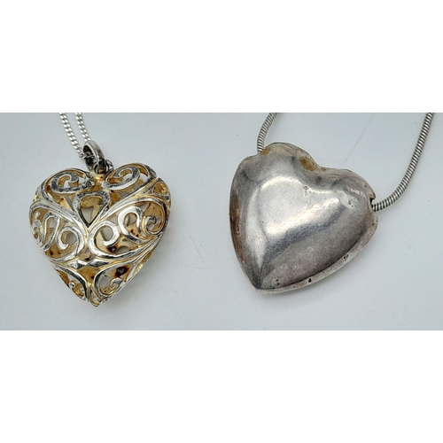 1152 - Two 925 Silver Necklaces with White Metal Heart Pendants. 2.1cm and 2.9cm pendants, 43cm and 46cm ch... 